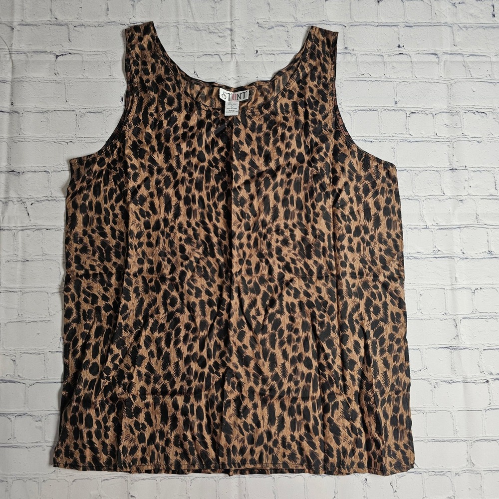 Stunt Womens 100% Silk Leopard Print Tank Top Brown Black Size Large Vintage